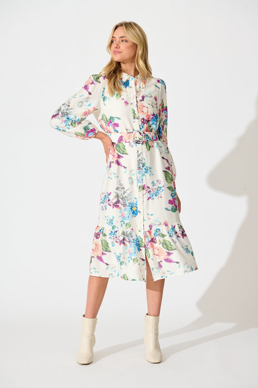 In Her Eyes Midi Shirt Dress in Cream with Multi Floral