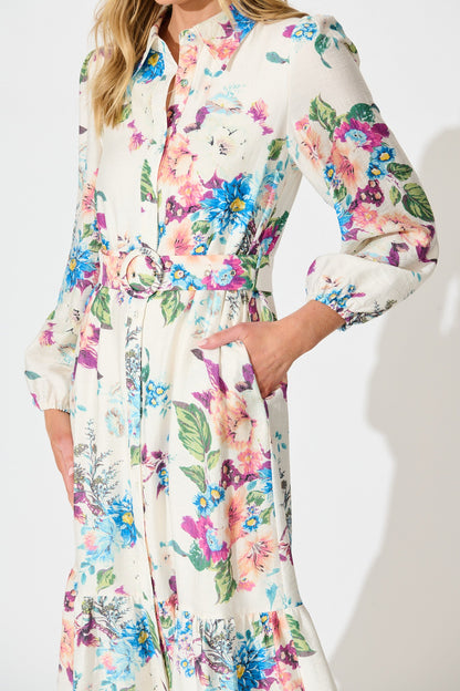 In Her Eyes Midi Shirt Dress in Cream with Multi Floral