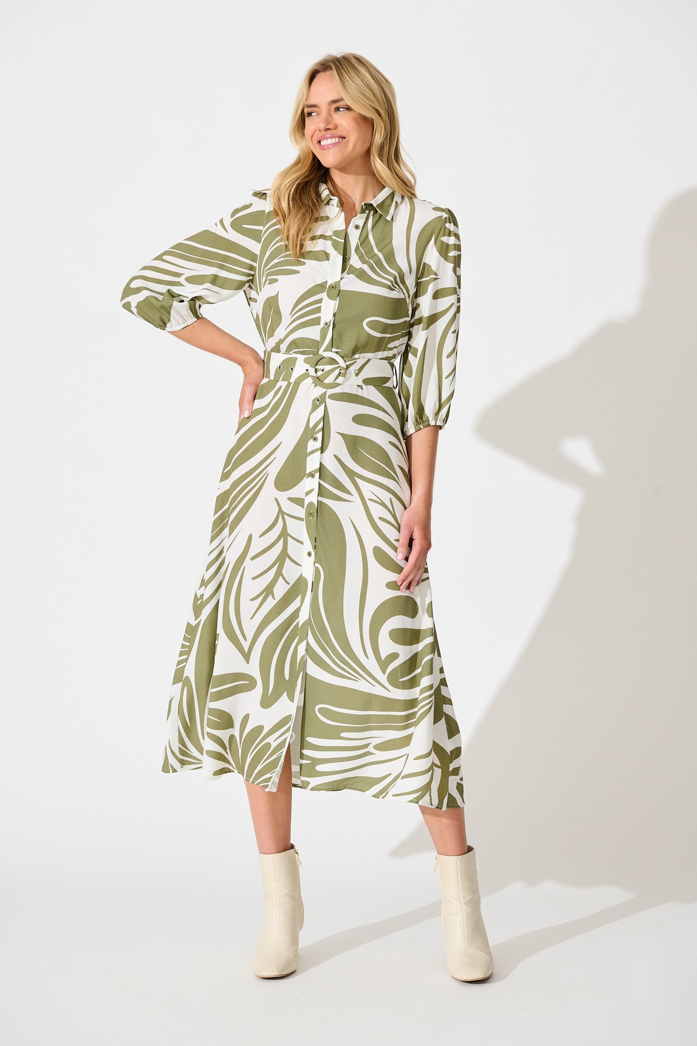 Karlina Midi Shirt Dress in Cream with Khaki Linen Blend