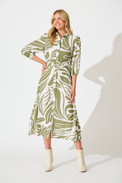 Karlina Midi Shirt Dress in Cream with Khaki Linen Blend