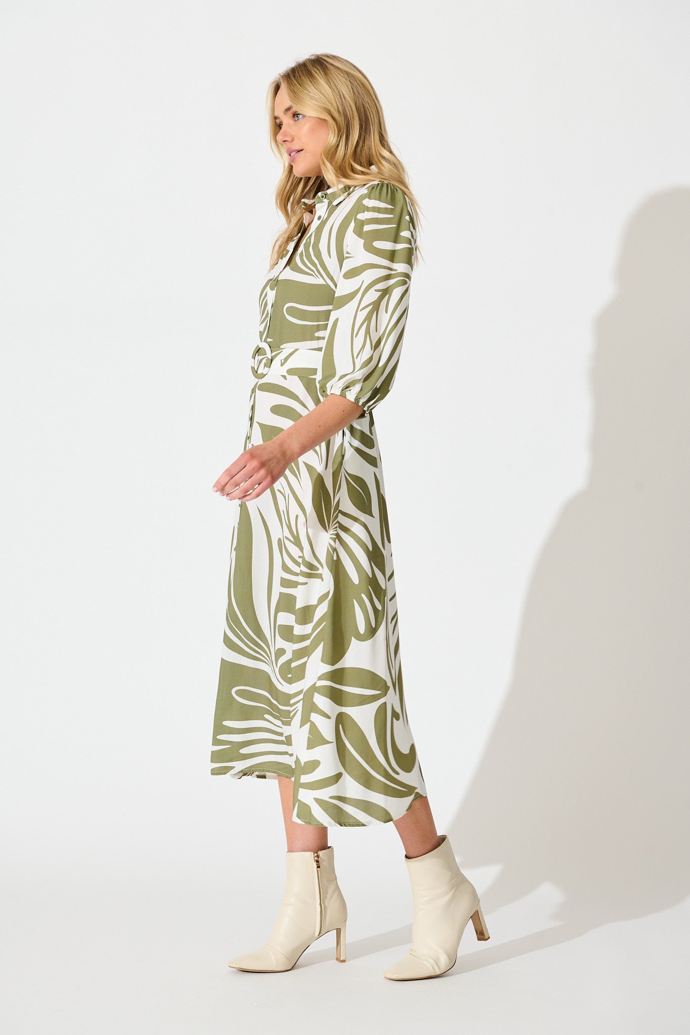 Karlina Midi Shirt Dress in Cream with Khaki Linen Blend