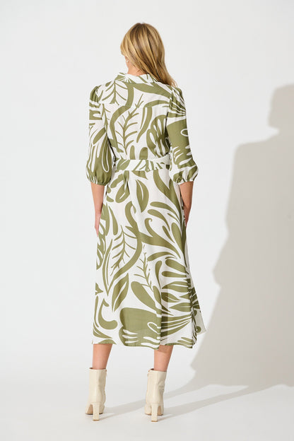 Karlina Midi Shirt Dress in Cream with Khaki Linen Blend