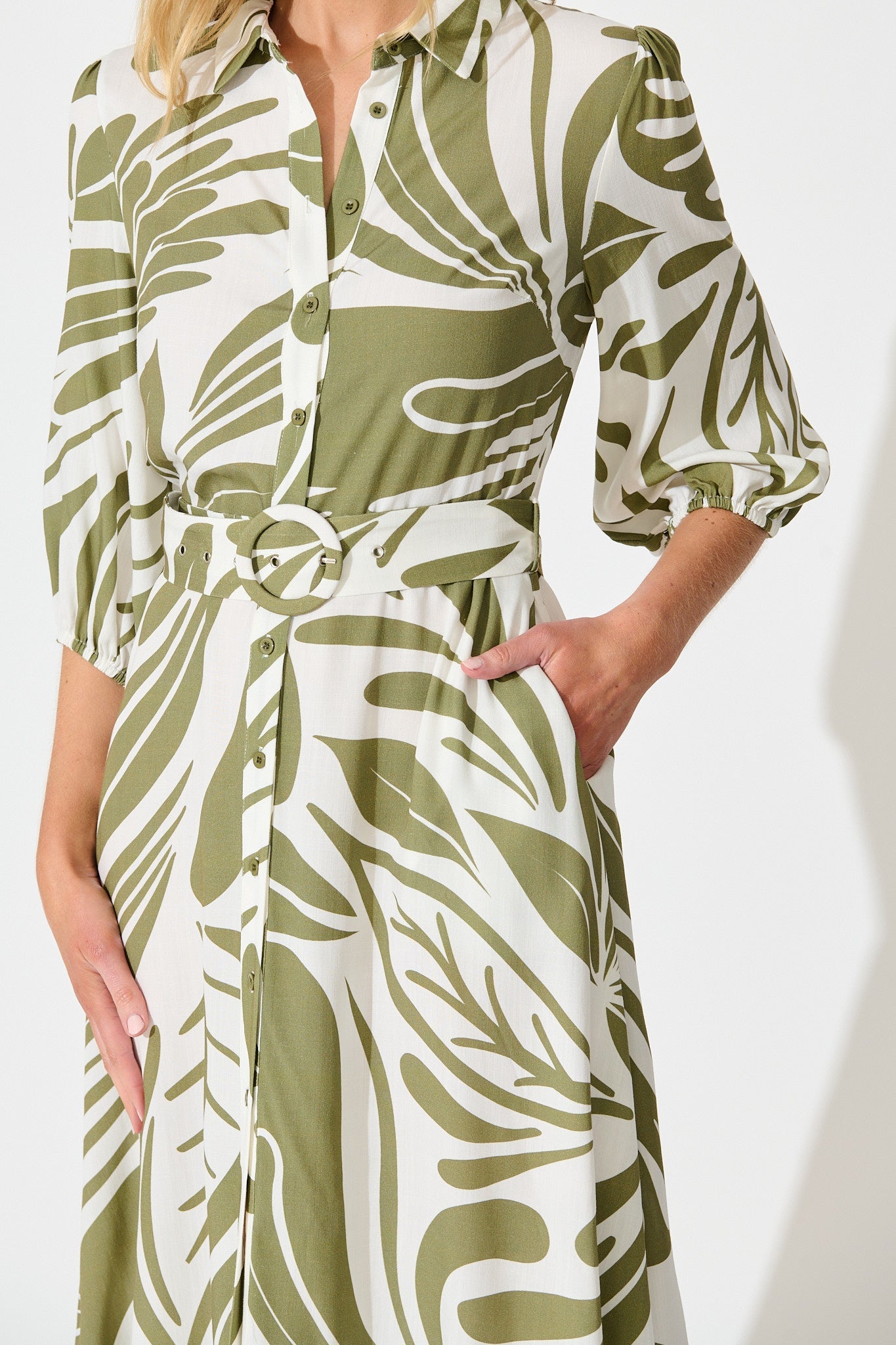 Karlina Midi Shirt Dress in Cream with Khaki Linen Blend