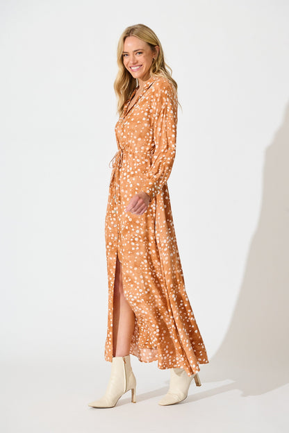 Chrishelle Maxi Shirt Dress in Tan with Cream Spot
