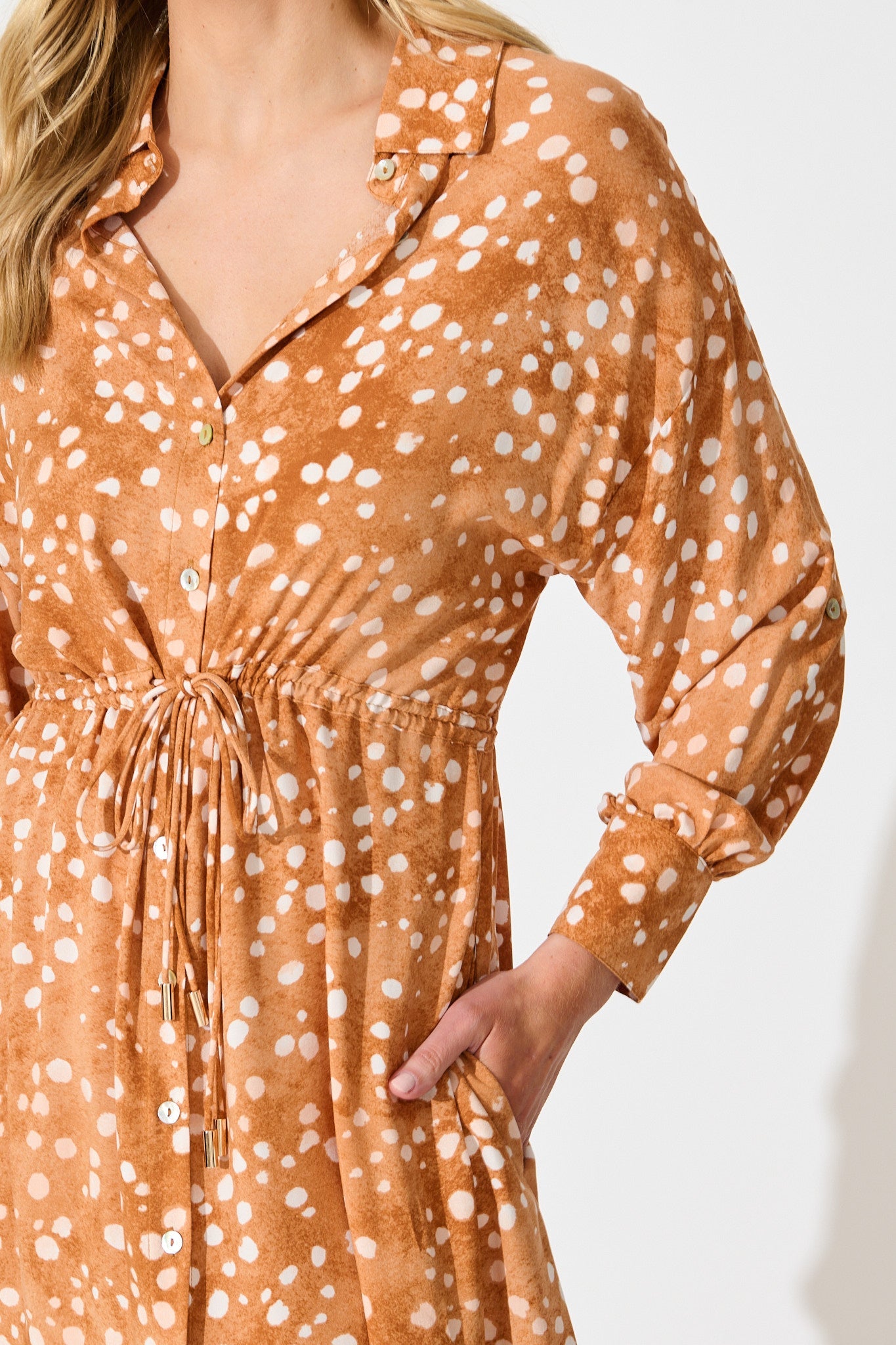 Chrishelle Maxi Shirt Dress in Tan with Cream Spot