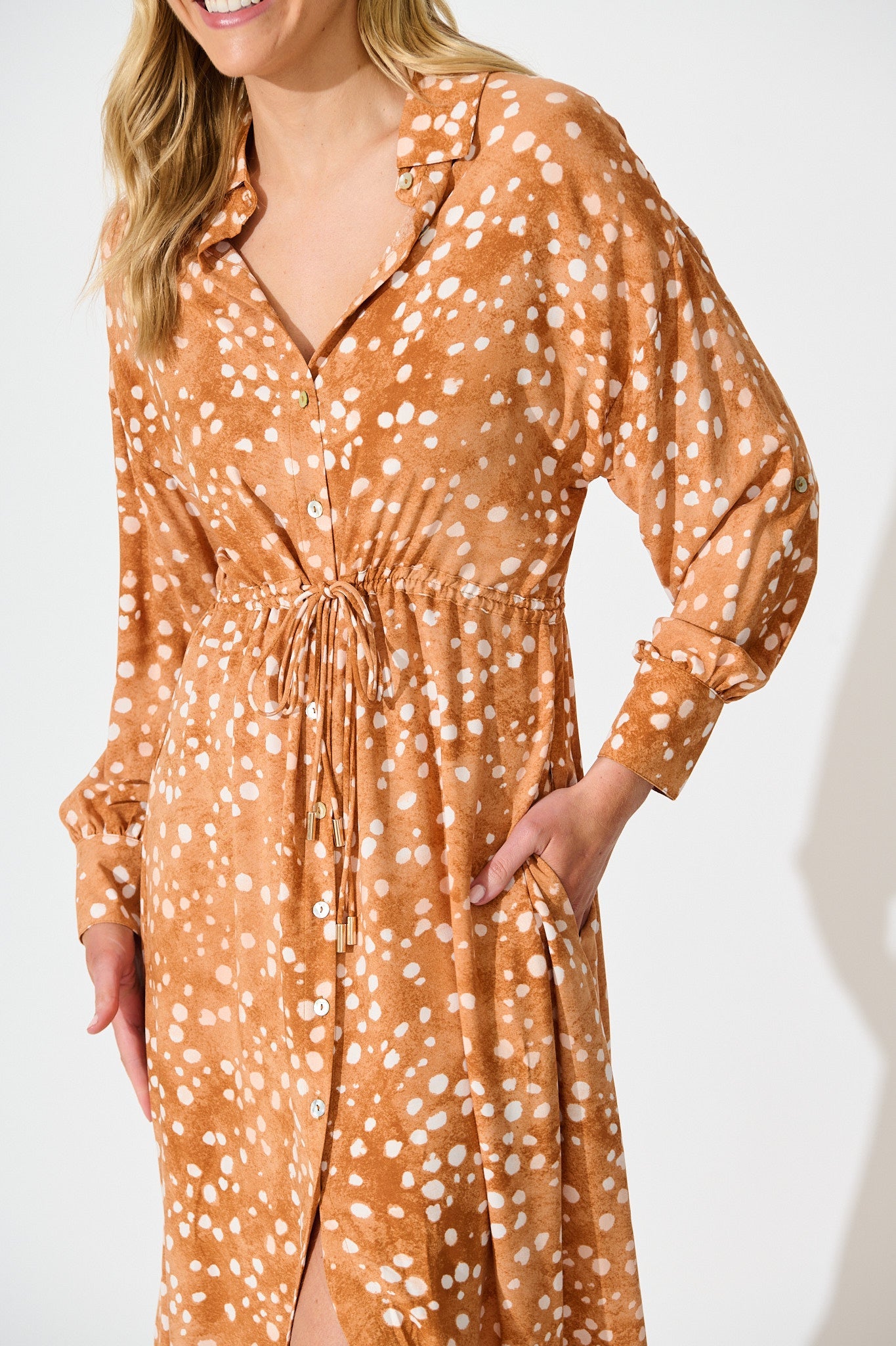 Chrishelle Maxi Shirt Dress in Tan with Cream Spot