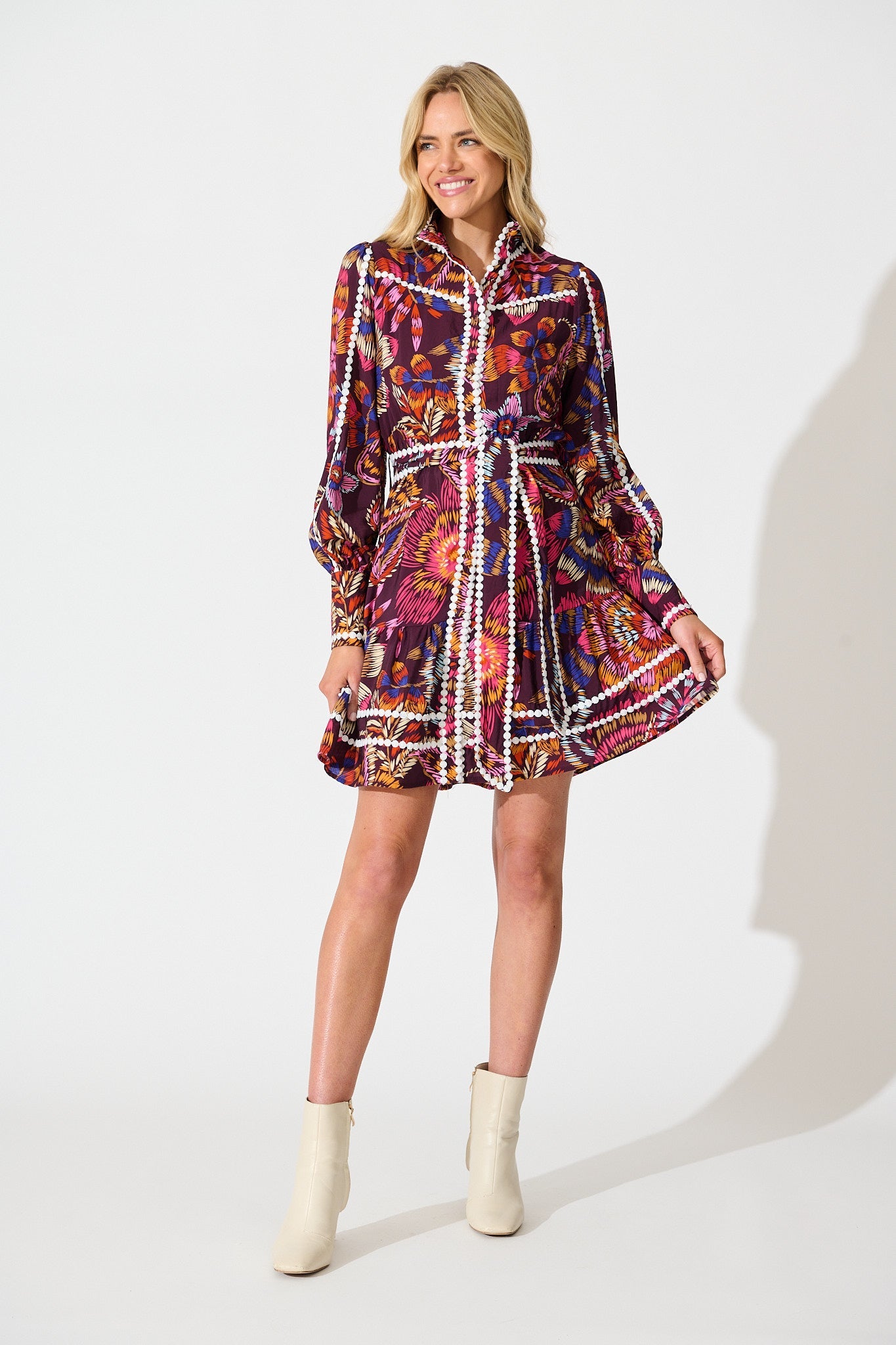 Liberty Dress in Multi Wine Floral with Contrast Trim