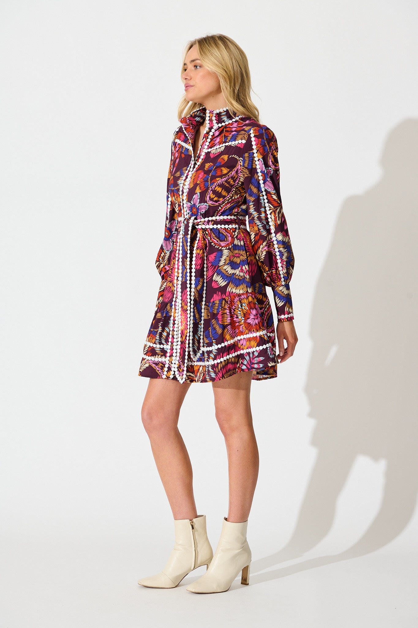 Liberty Dress in Multi Wine Floral with Contrast Trim