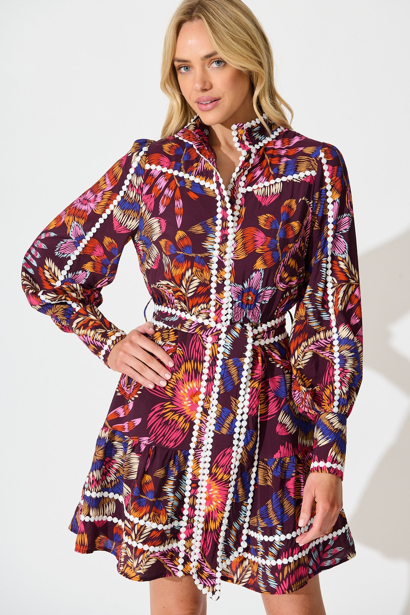 Liberty Dress in Multi Wine Floral with Contrast Trim