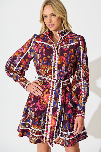 Liberty Dress in Multi Wine Floral with Contrast Trim
