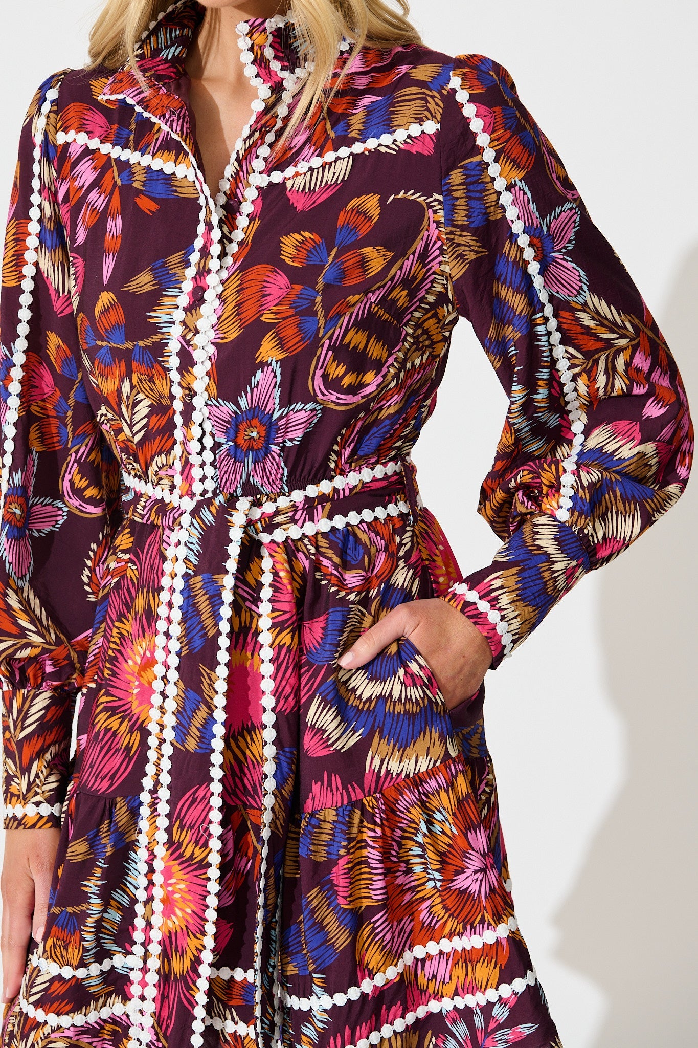 Liberty Dress in Multi Wine Floral with Contrast Trim