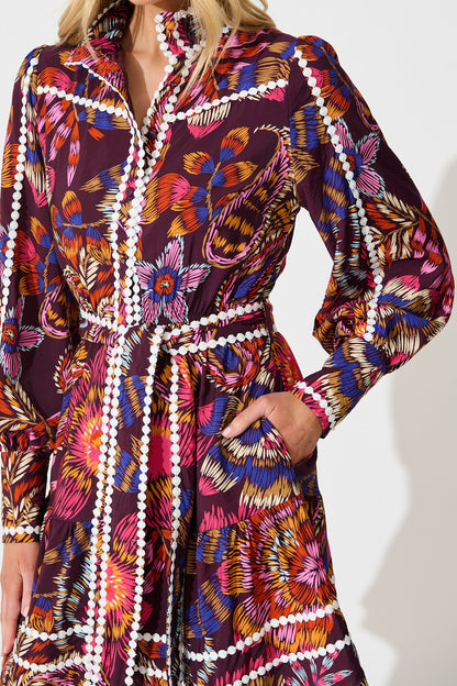 Liberty Dress in Multi Wine Floral with Contrast Trim