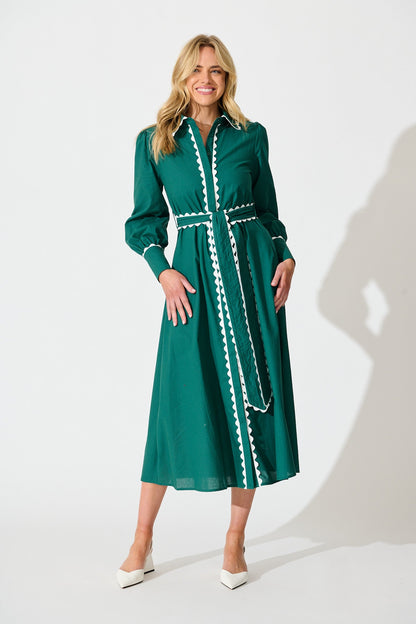 Lilyfield Midi Shirt Dress in Emerald with Contrast Trim Cotton