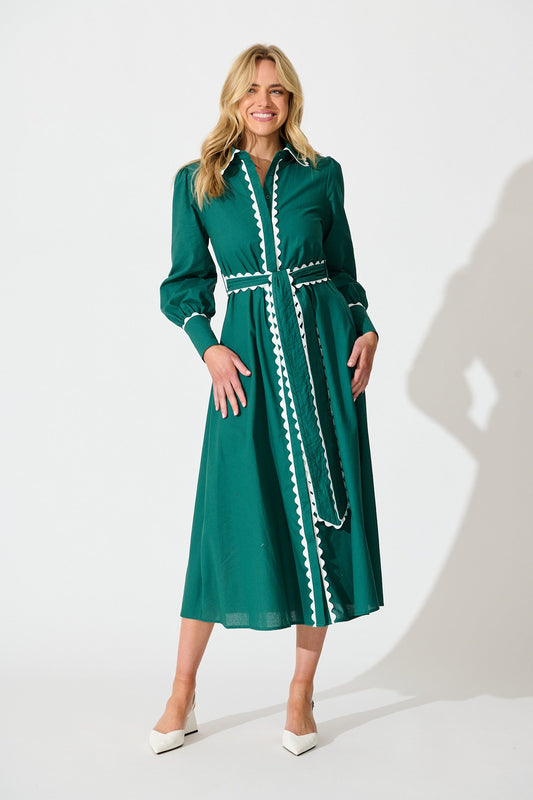 Lilyfield Midi Shirt Dress in Emerald with Contrast Trim Cotton