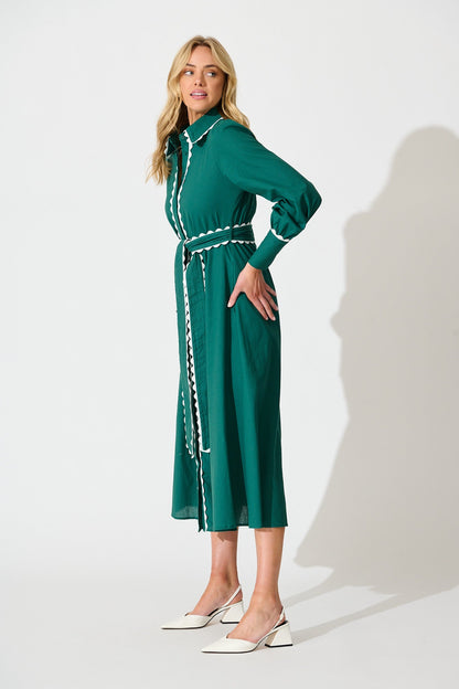 Lilyfield Midi Shirt Dress in Emerald with Contrast Trim Cotton