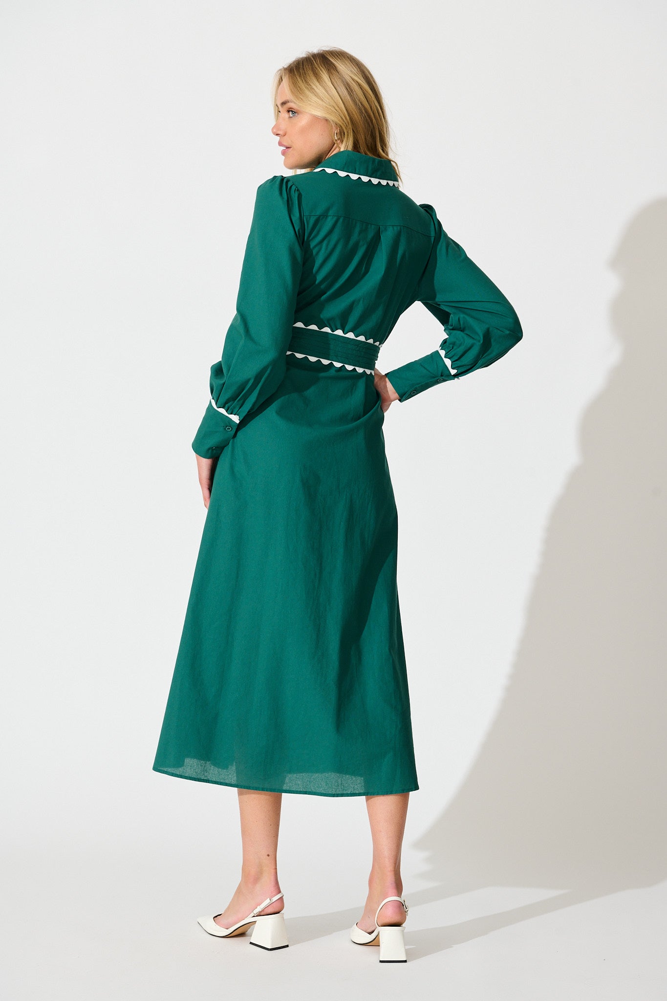 Lilyfield Midi Shirt Dress in Emerald with Contrast Trim Cotton