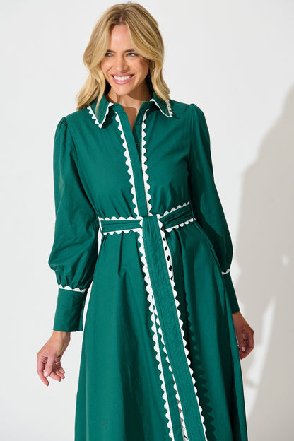 Lilyfield Midi Shirt Dress in Emerald with Contrast Trim Cotton