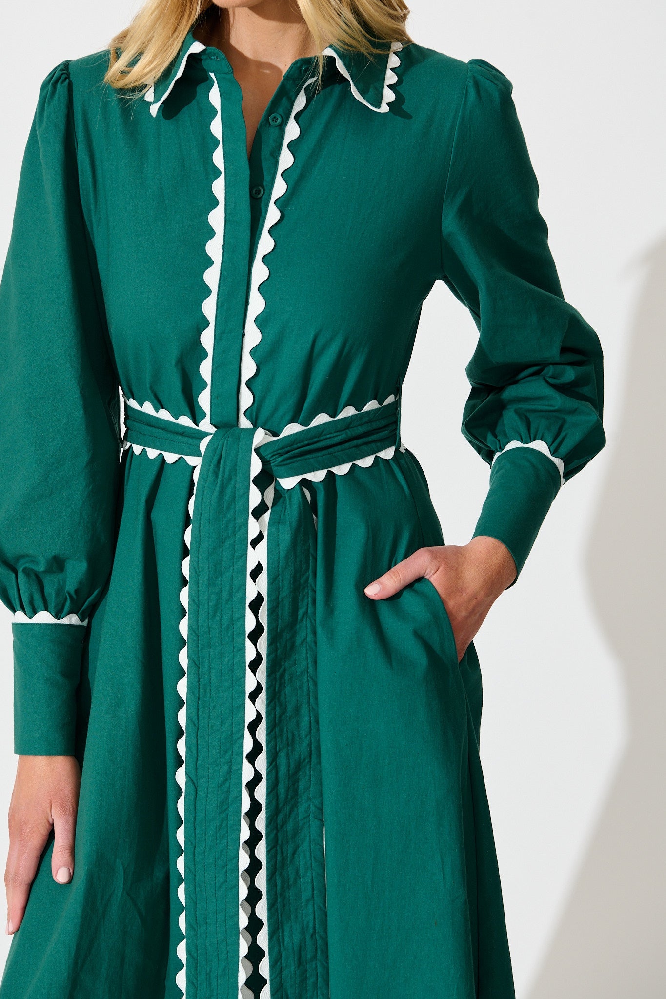 Lilyfield Midi Shirt Dress in Emerald with Contrast Trim Cotton