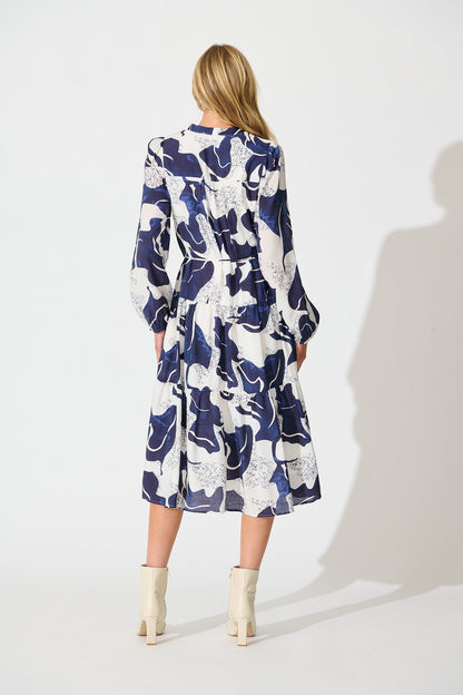 Prestige Midi Dress in White and Navy Print