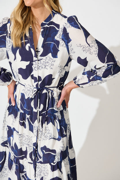 Prestige Midi Dress in White and Navy Print