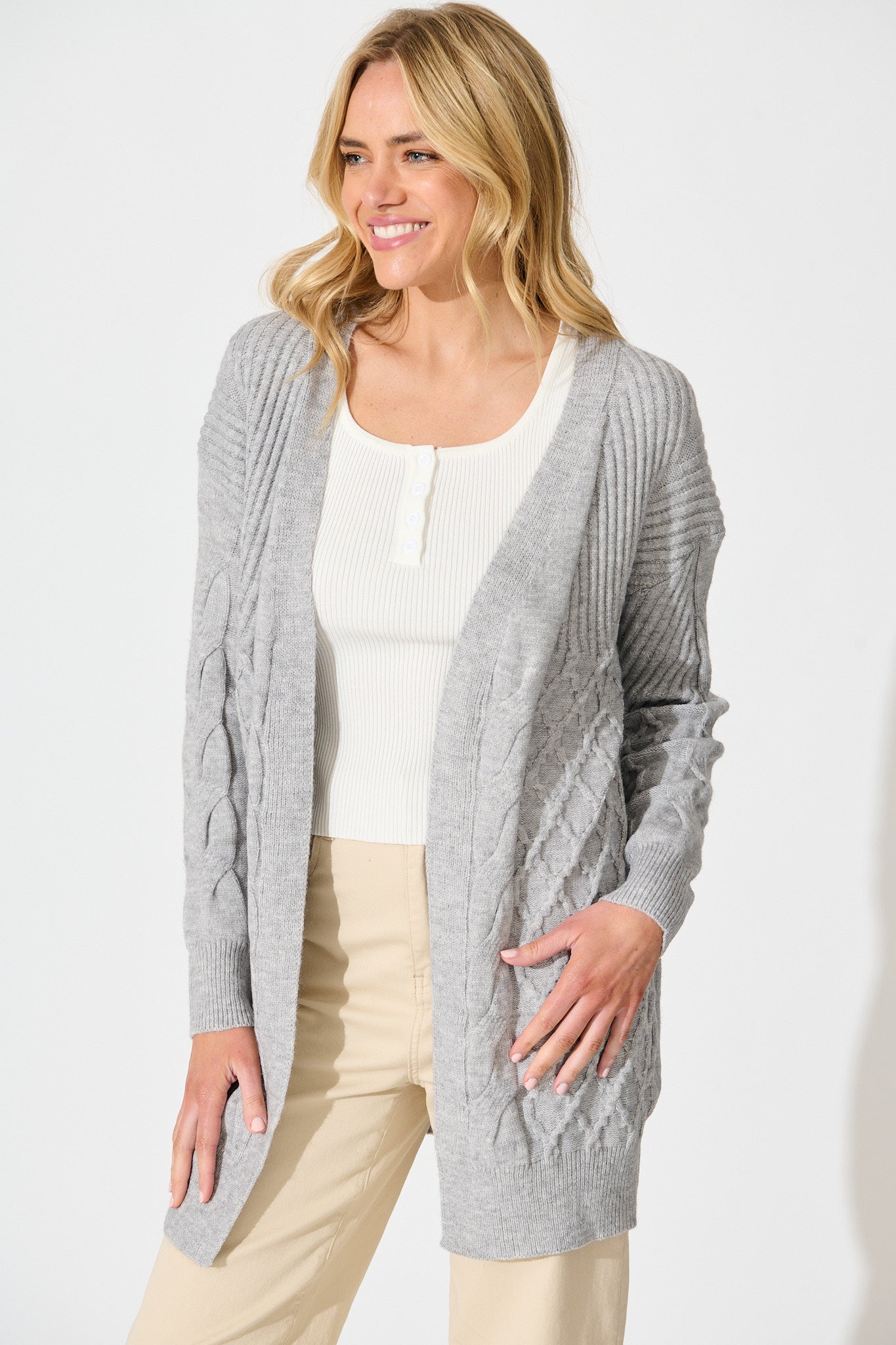 Okina Knit Cardigan In Grey Marle Wool Blend
