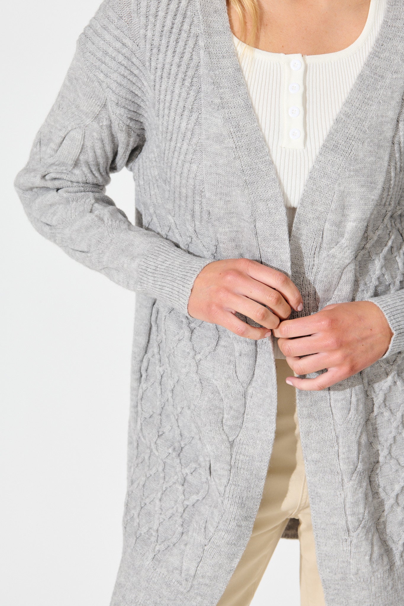 Okina Knit Cardigan In Grey Marle Wool Blend