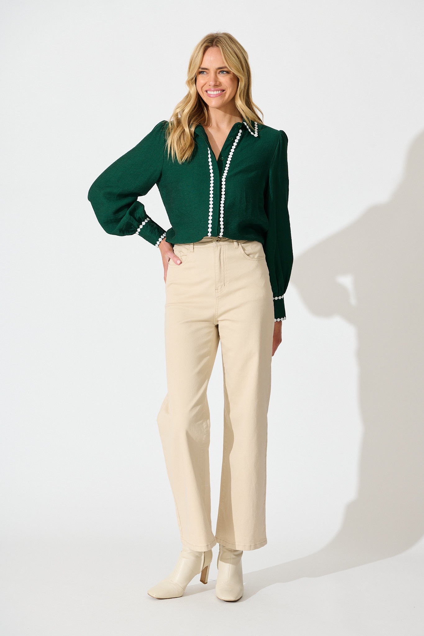 Lynelle Shirt in Emerald with White Contrast