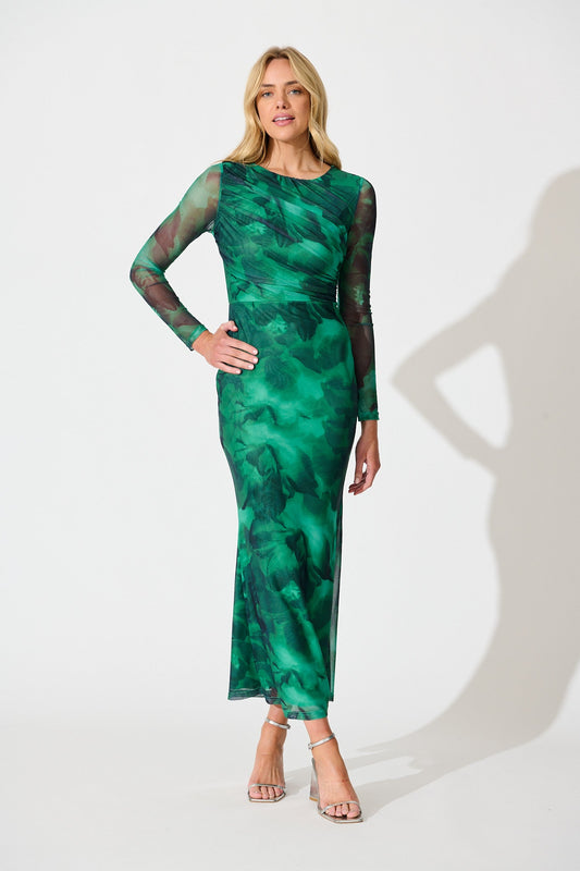 Karlene Maxi Dress in Green Abstract Print