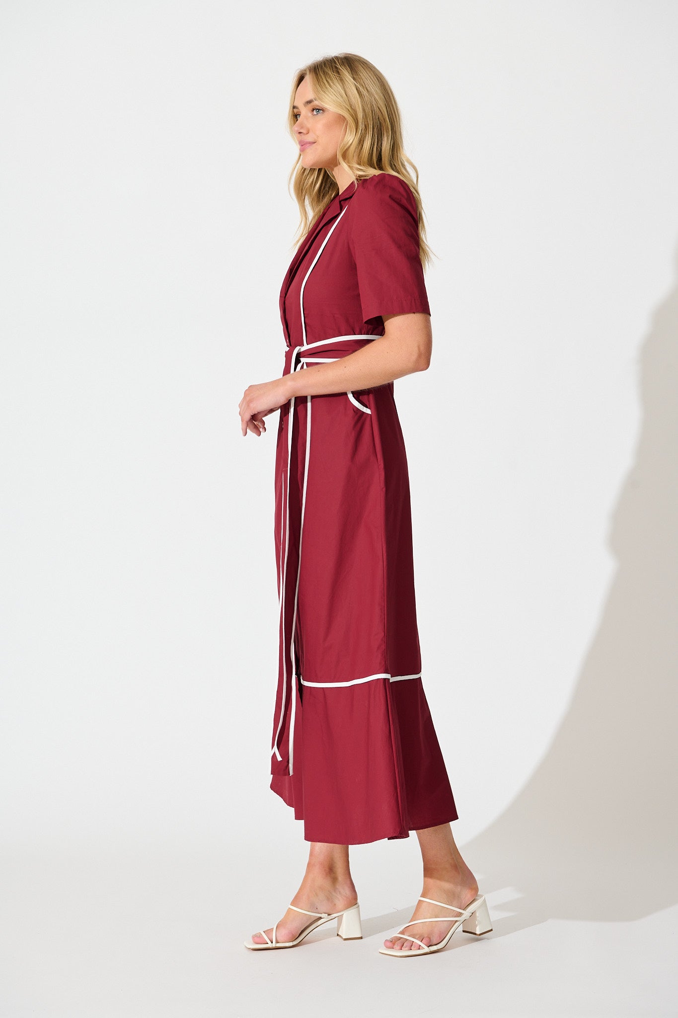 Rhea Maxi Shirt Dress in Wine with Contrast Piping Cotton