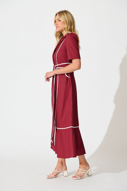 Rhea Maxi Shirt Dress in Wine with Contrast Piping Cotton