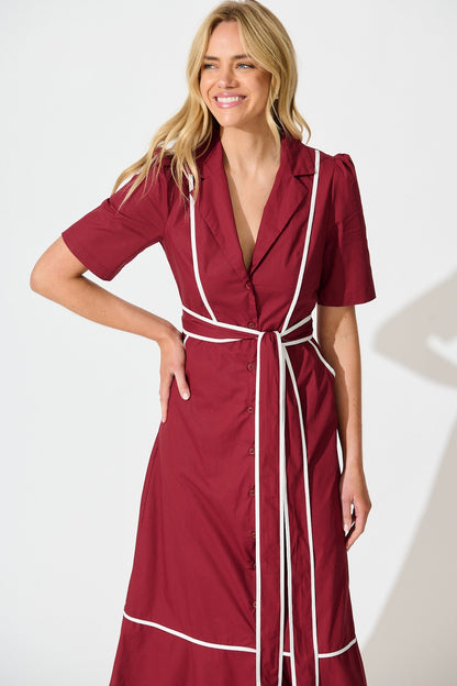 Rhea Maxi Shirt Dress in Wine with Contrast Piping Cotton