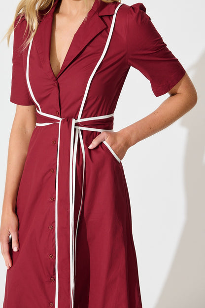 Rhea Maxi Shirt Dress in Wine with Contrast Piping Cotton