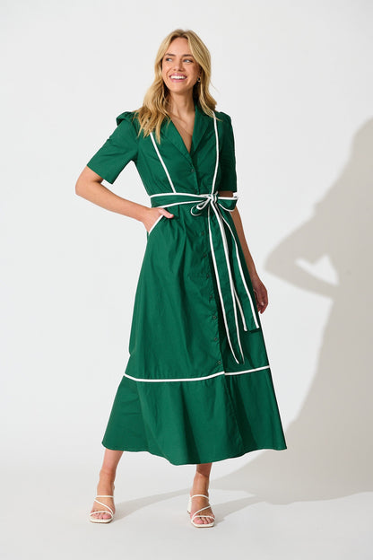 Rhea Maxi Shirt Dress in Emerald with Contrast Piping Cotton