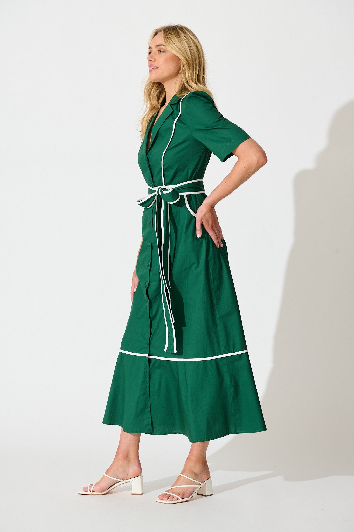 Rhea Maxi Shirt Dress in Emerald with Contrast Piping Cotton