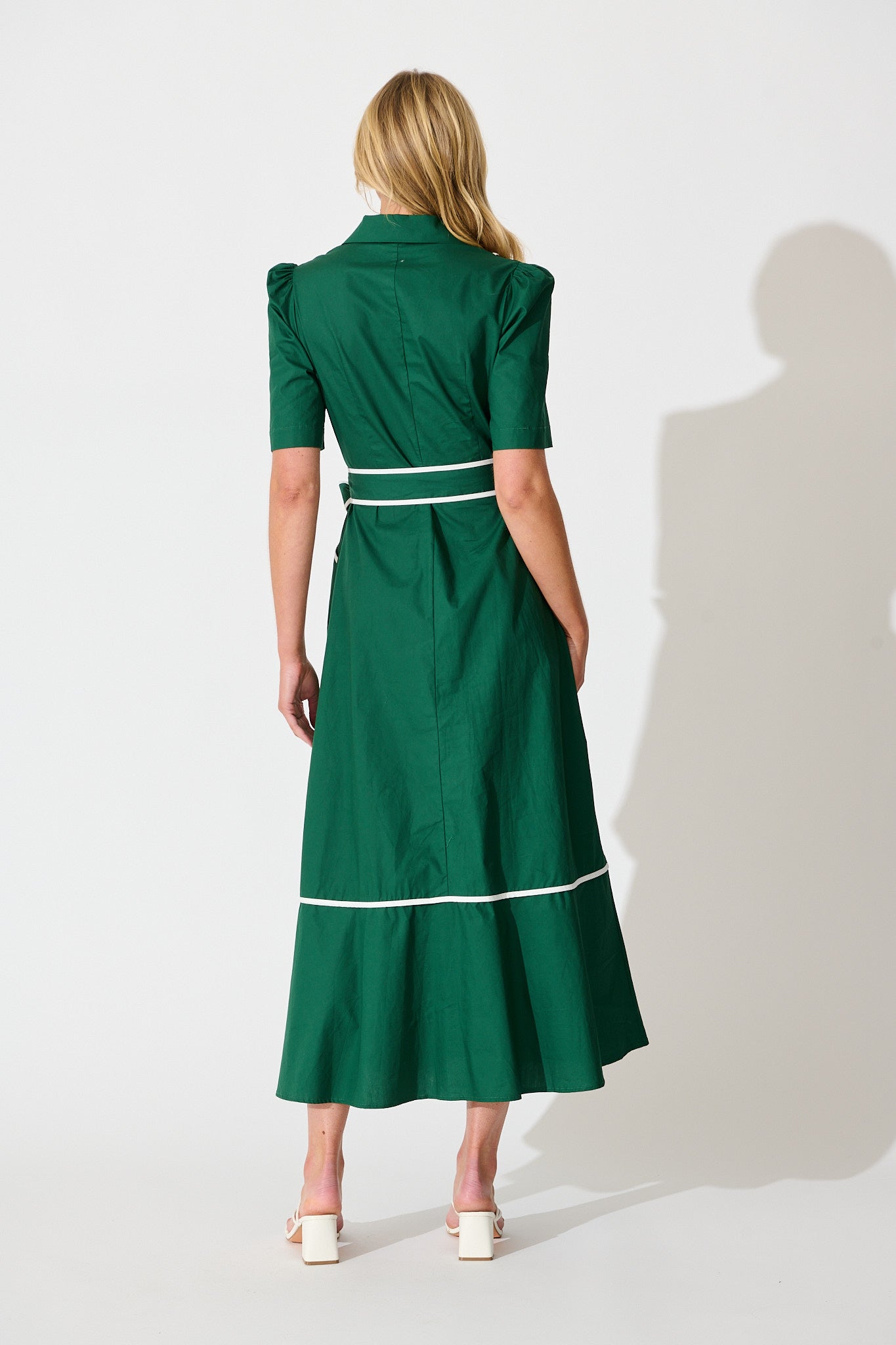Rhea Maxi Shirt Dress in Emerald with Contrast Piping Cotton