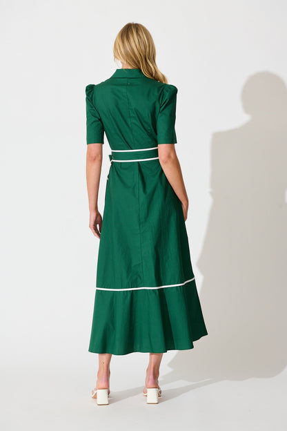 Rhea Maxi Shirt Dress in Emerald with Contrast Piping Cotton