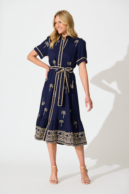 Parker Midi Shirt Dress in Navy with Palm Embroidery