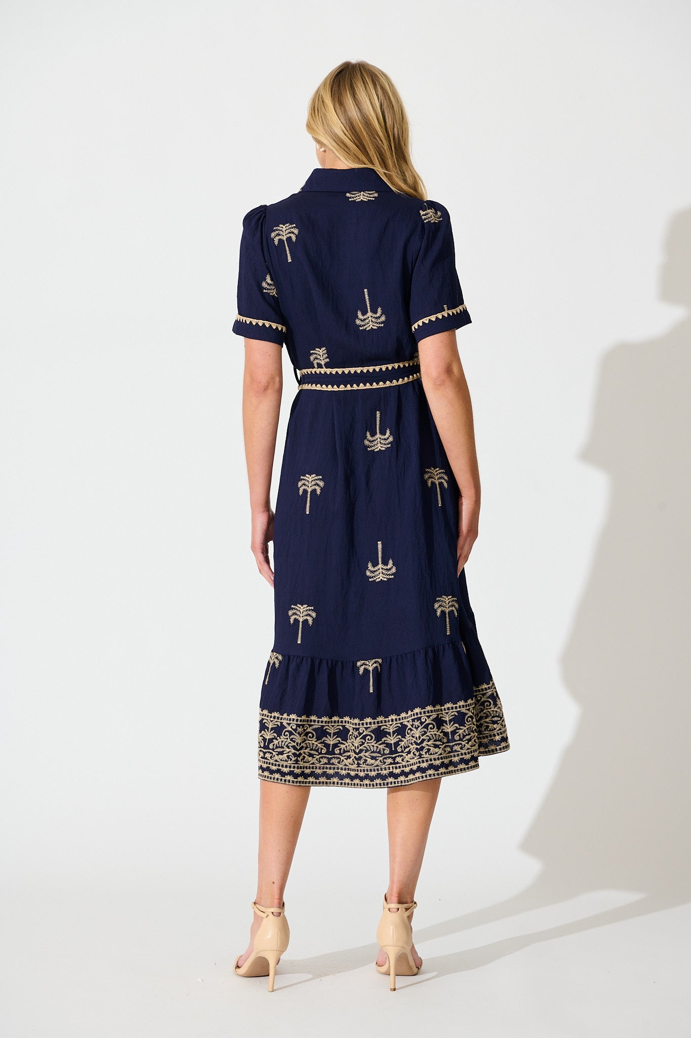 Parker Midi Shirt Dress in Navy with Palm Embroidery