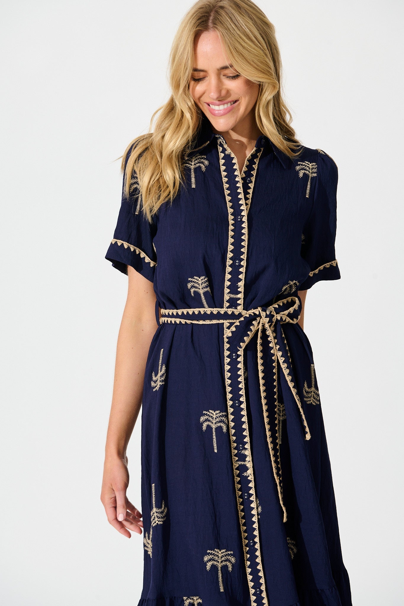 Parker Midi Shirt Dress in Navy with Palm Embroidery
