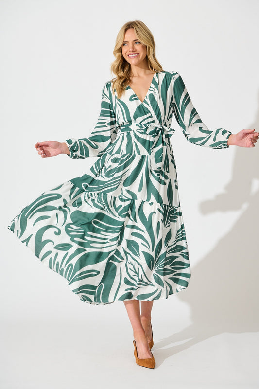 Talk To Me Midi Dress in Green with White Print