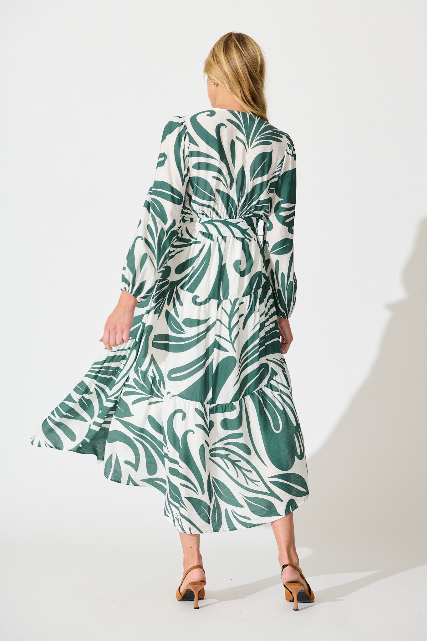 Talk To Me Midi Dress in Green with White Print