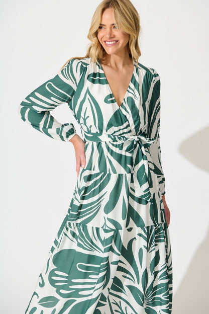 Talk To Me Midi Dress in Green with White Print