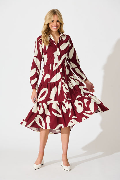 Endless Wishes Midi Shirt Dress in Wine with White Cotton