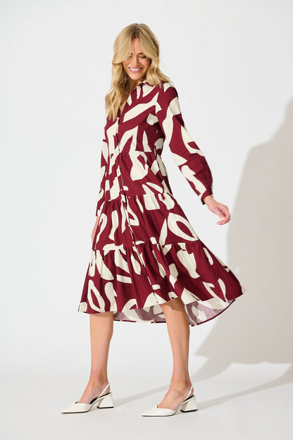 Endless Wishes Midi Shirt Dress in Wine with White Cotton