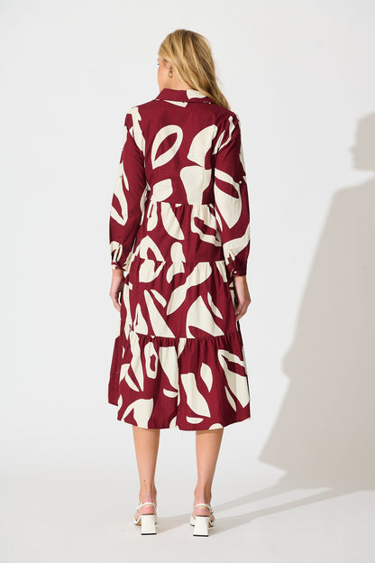 Endless Wishes Midi Shirt Dress in Wine with White Cotton