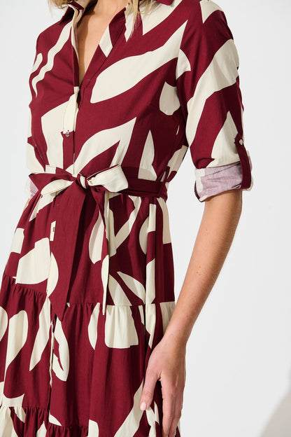 Endless Wishes Midi Shirt Dress in Wine with White Cotton