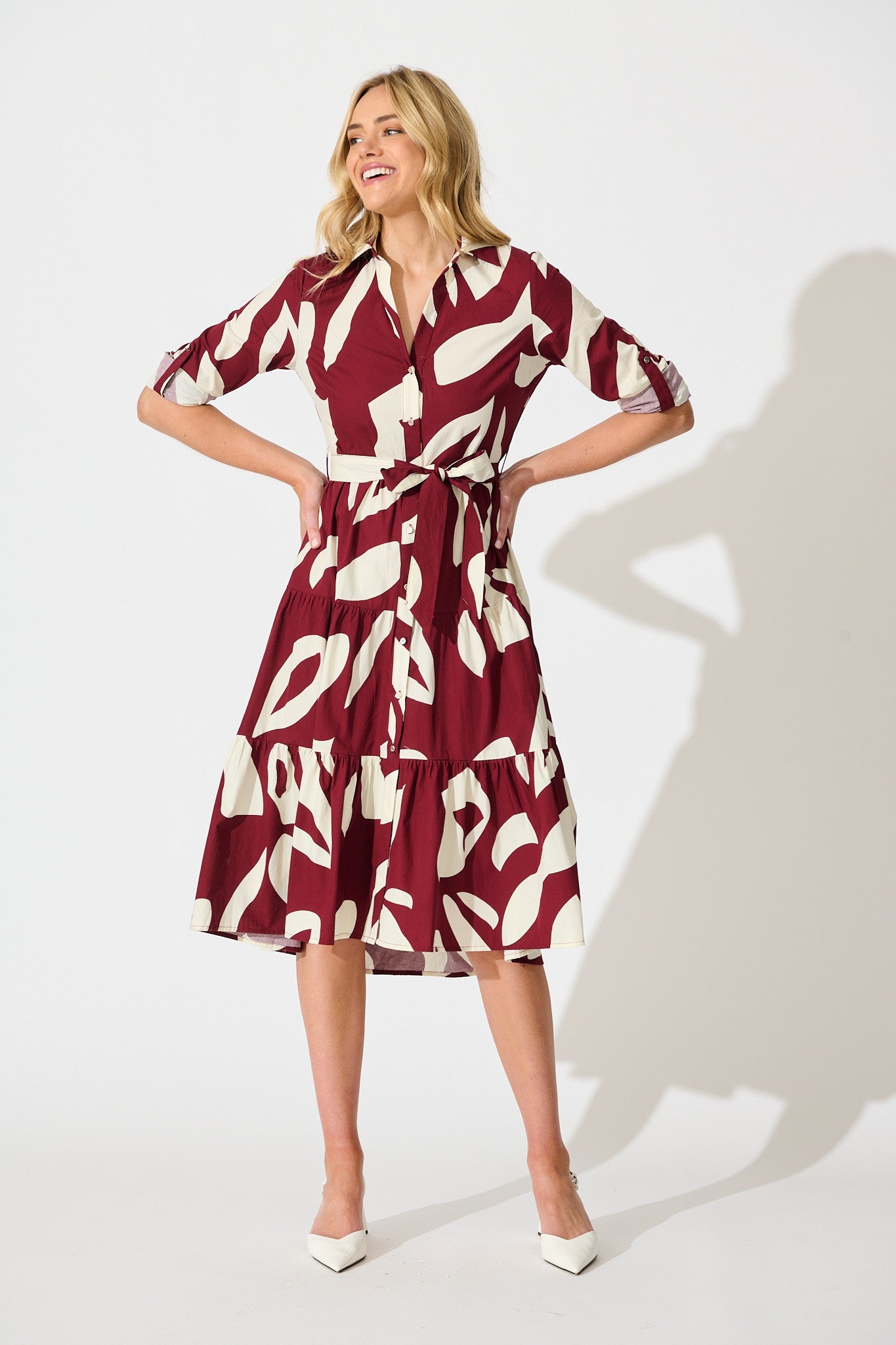 Endless Wishes Midi Shirt Dress in Wine with White Cotton