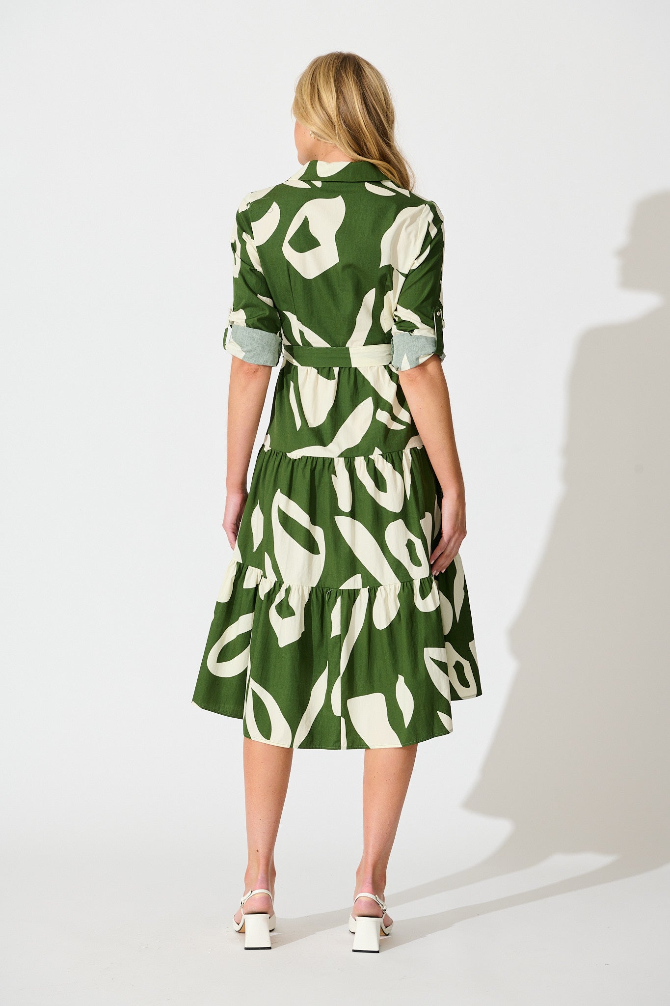 Endless Wishes Midi Shirt Dress in Green with White Cotton