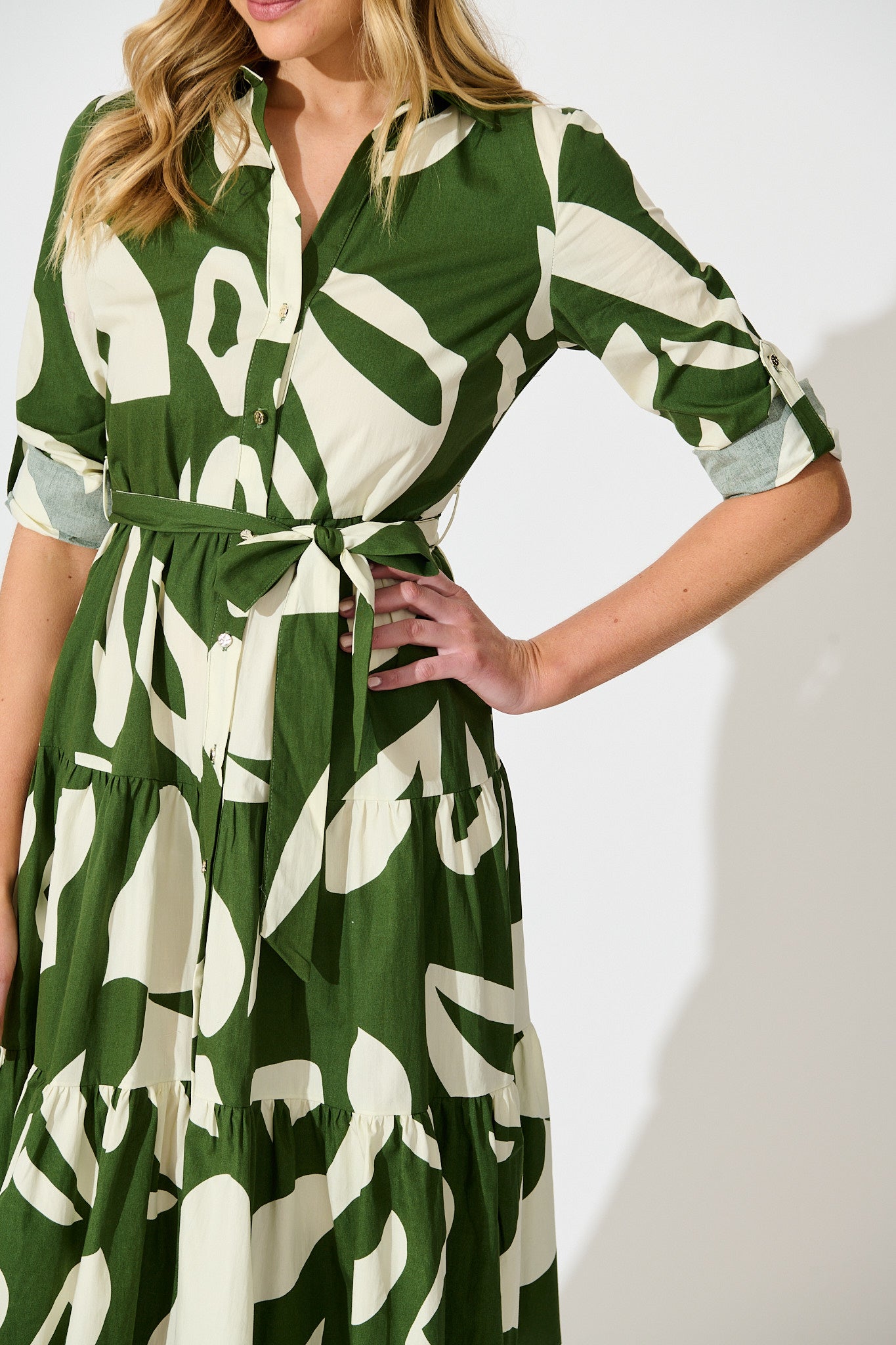 Endless Wishes Midi Shirt Dress in Green with White Cotton