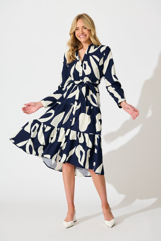 Endless Wishes Midi Shirt Dress in Navy with White Cotton
